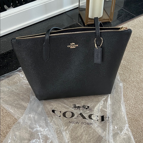 Coach Handbags - Coach Black Leather Tote with Gold Accents NEW